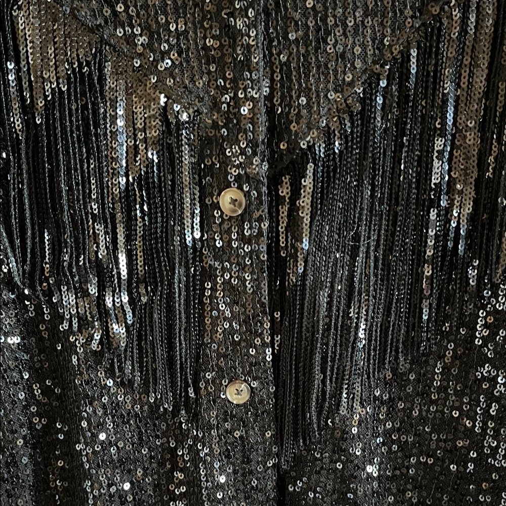 Black Sequin Button Down Black Western Fringe Shirt Size S - Picture 3 of 8